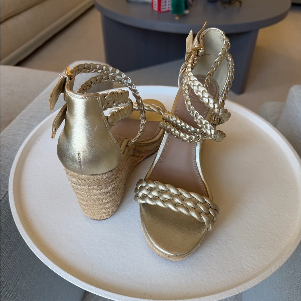 Tory Burch Braided Wedge Sandals, gold and beige, never worn, size 9 - Picture 3 of 9